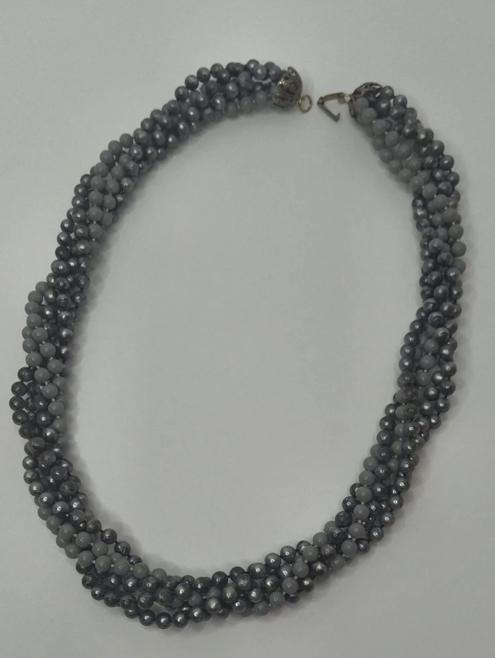 1950s Smoky Gray Torsade Multi-Strand Plastic Beaded Necklace Retro Style